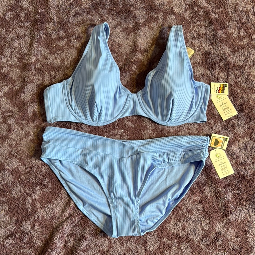 3X Top 2X Bottoms Women's Ribbed Light Blue Swim Set Bikini